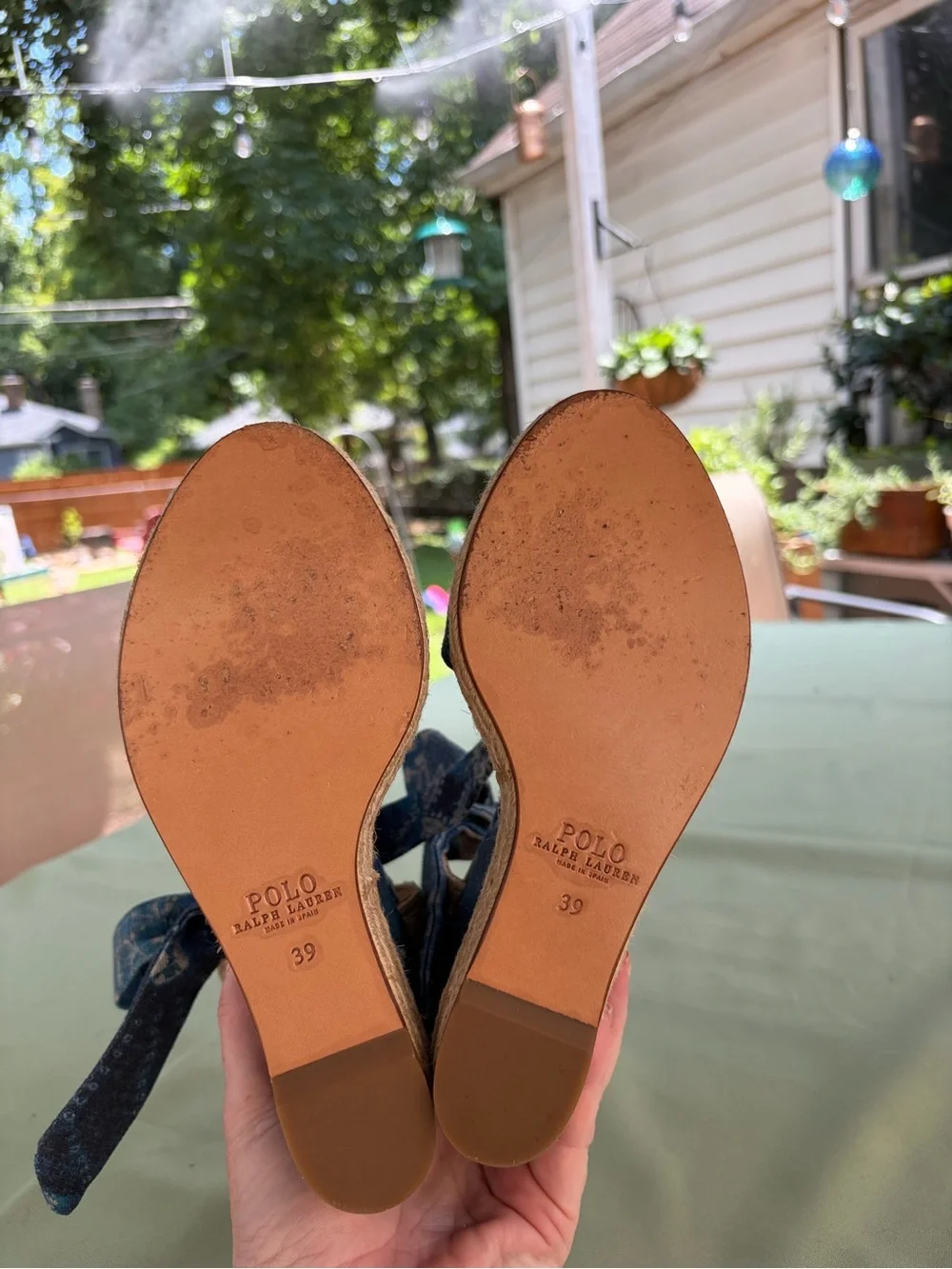 Polo by Ralph Lauren Blue Patterned Espadrille Wedge Sandals with Ankle Ties.